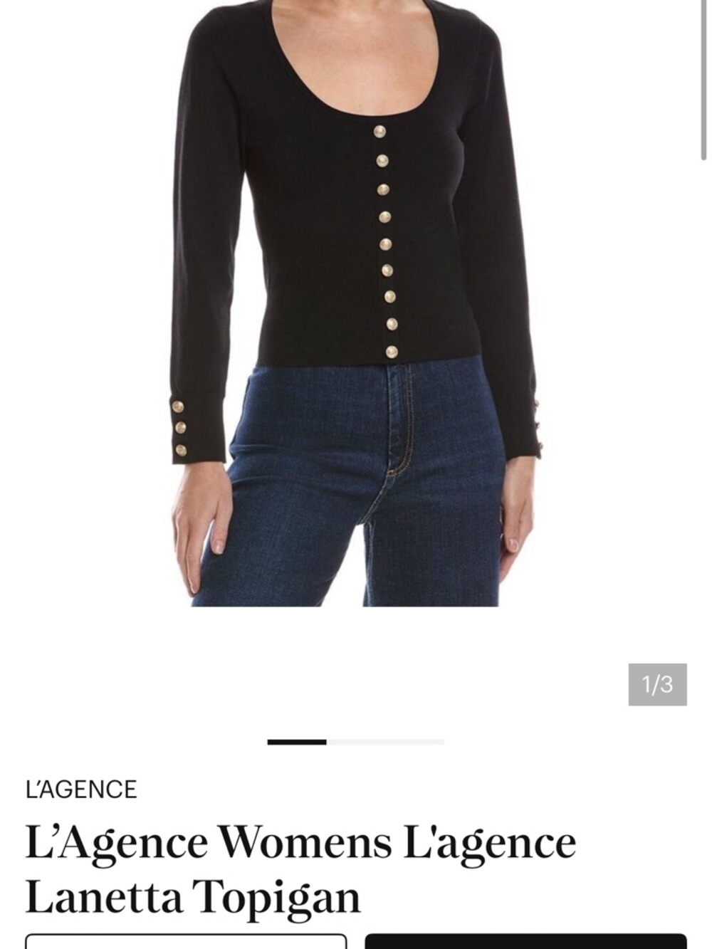 L'AGENCE Black Scoop-Neck Button Cardigan with Gold Buttons